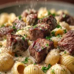 Steak Bites and Shell Pasta in Garlic Butter Alfredo Sauce First Image