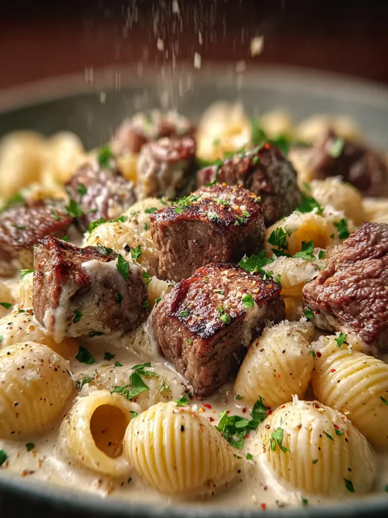 Steak Bites and Shell Pasta in Garlic Butter Alfredo Sauce First Image