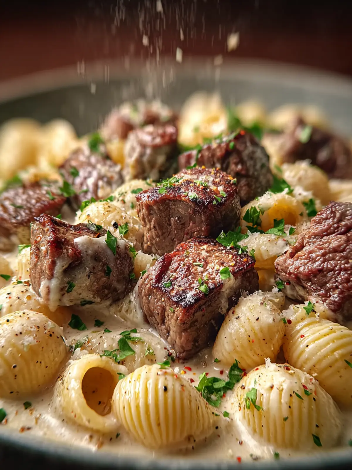 Steak Bites and Shell Pasta in Garlic Butter Alfredo Sauce First Image